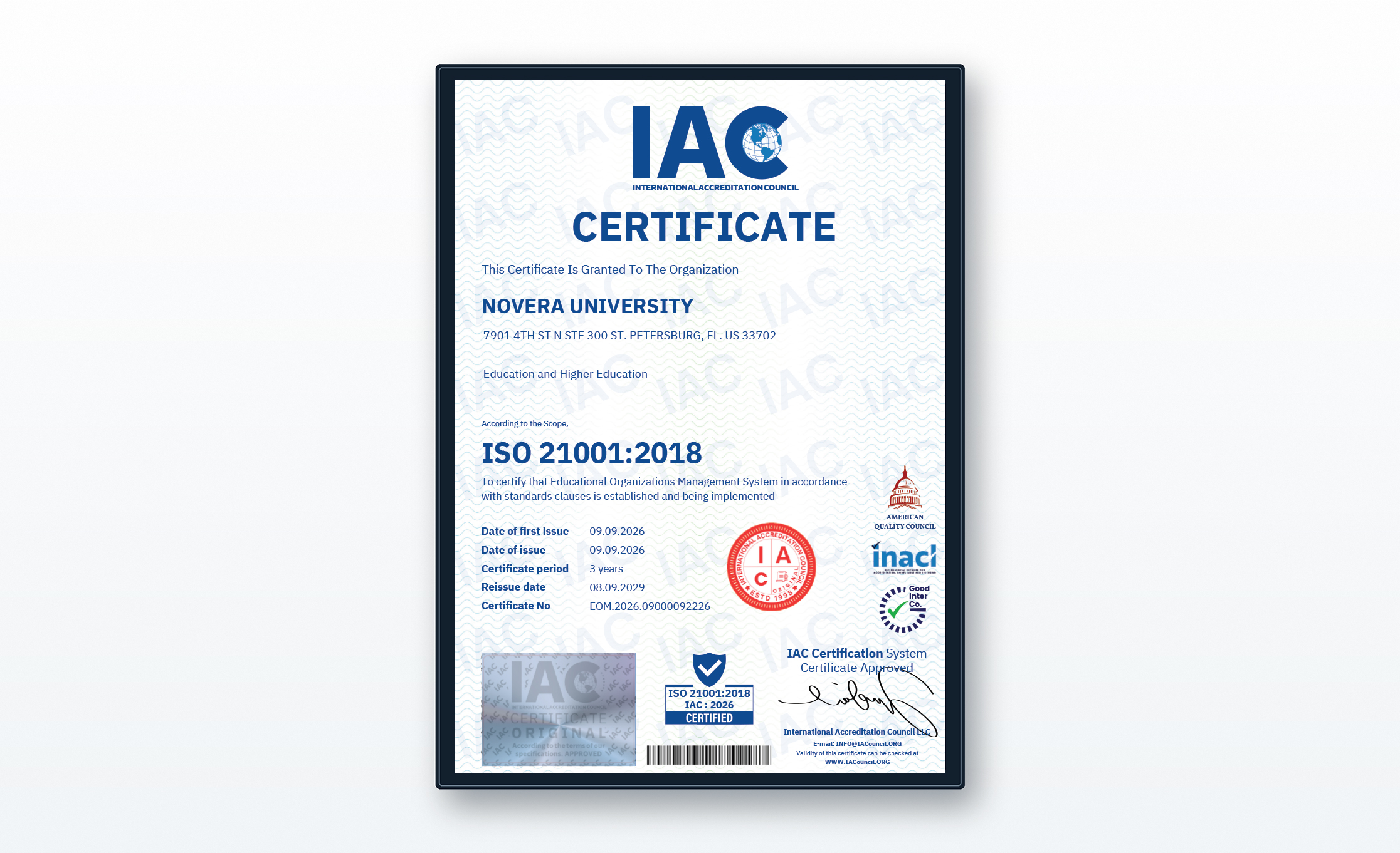 اعتماد دولي لجامعة نوفيرا: ISO 21001:2018